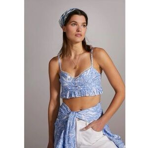 NWT! Anthropologie Rahi Ruffled Cropped Blue Floral Top Bralette Size Medium